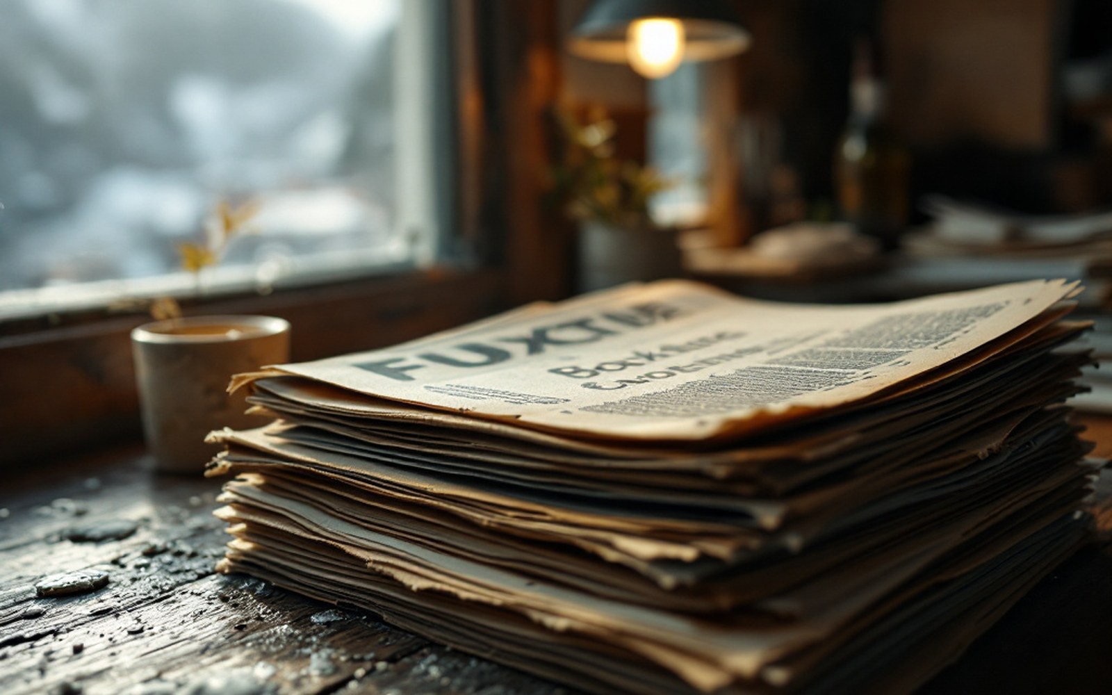 A stack of old printed fixture booklets, close under lamp