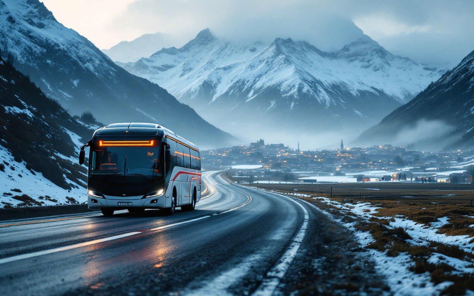 A team coach on an empty road at first light